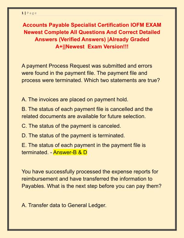 Accounts Payable Specialist Certification IOFM EXAM Newest Complete All Questions And Correct Detailed Answers