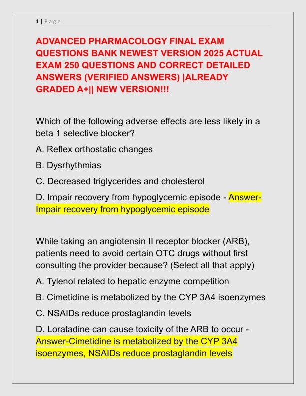 ADVANCED PHARMACOLOGY FINAL EXAM QUESTIONS BANK NEWEST VERSION 2025 ACTUAL EXAM 250 QUESTIONS AND CORRECT DETAILED ANSWERS