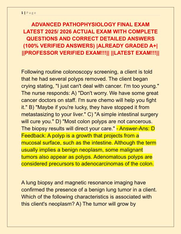 ADVANCED PATHOPHYSIOLOGY FINAL EXAM LATEST 2025