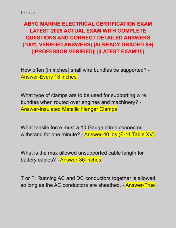 ABYC MARINE ELECTRICAL CERTIFICATION EXAM LATEST 2025 ACTUAL EXAM WITH COMPLETE QUESTIONS AND CORRECT DETAILED ANSWERS