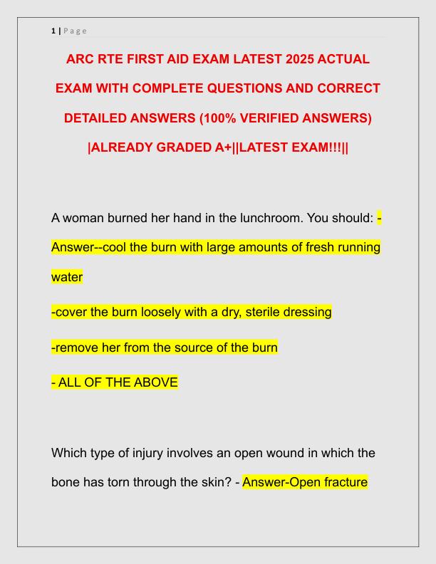 ARC RTE FIRST AID EXAM LATEST 2025 ACTUAL EXAM WITH COMPLETE QUESTIONS AND CORRECT DETAILED ANSWERS