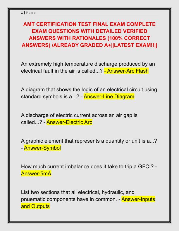 AMT CERTIFICATION TEST FINAL EXAM COMPLETE EXAM QUESTIONS WITH DETAILED VERIFIED ANSWERS WITH RATIONALES