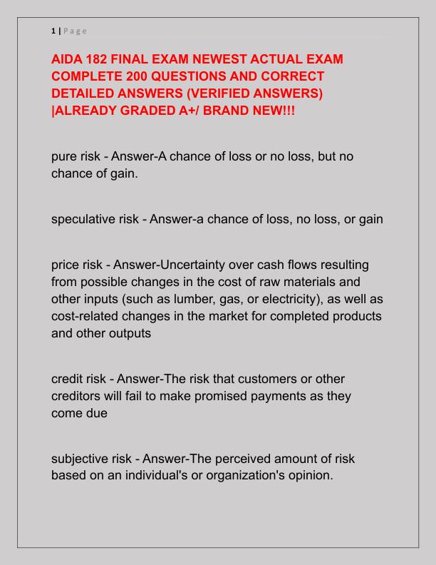 AIDA 182 FINAL EXAM NEWEST ACTUAL EXAM COMPLETE 200 QUESTIONS AND CORRECT DETAILED ANSWERS