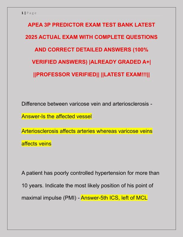 APEA 3P PREDICTOR EXAM TEST BANK LATEST 2025 ACTUAL EXAM WITH COMPLETE QUESTIONS AND CORRECT DETAILED ANSWERS