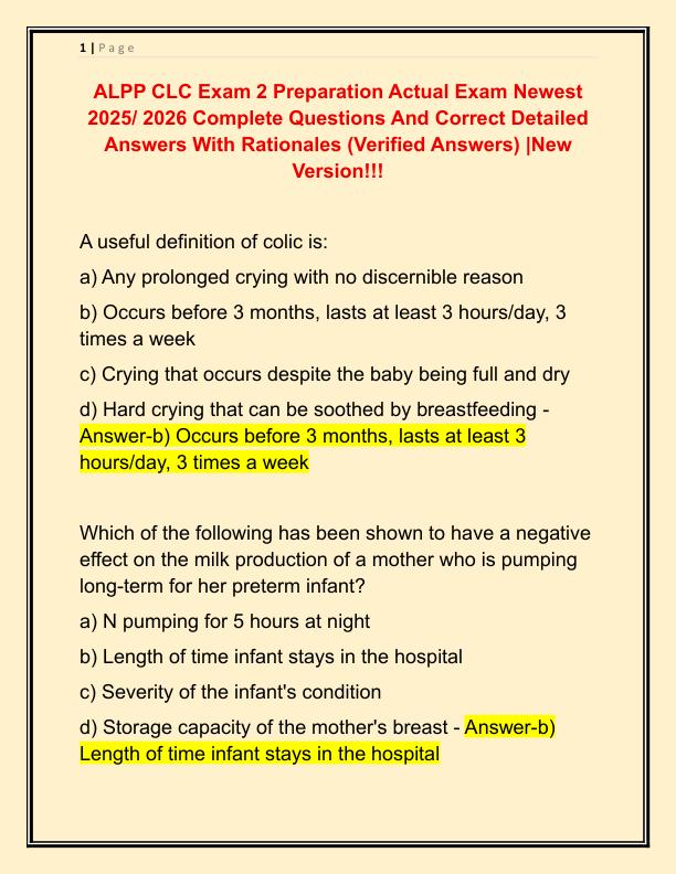 ALPP CLC Exam 2 Preparation Actual Exam Newest 2025