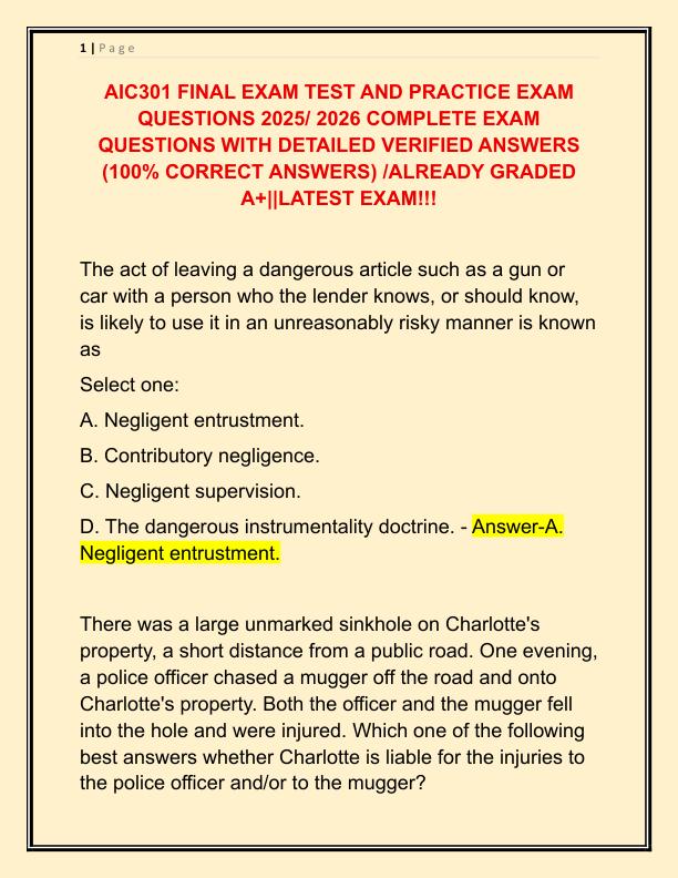 AIC301 FINAL EXAM TEST AND PRACTICE EXAM QUESTIONS 2025