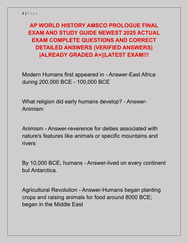AP WORLD HISTORY AMSCO PROLOGUE FINAL EXAM AND STUDY GUIDE NEWEST 2025 ACTUAL EXAM COMPLETE QUESTIONS AND CORRECT DETAILED ANSWERS