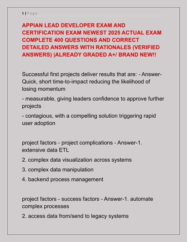 APPIAN LEAD DEVELOPER EXAM AND CERTIFICATION EXAM NEWEST 2025 ACTUAL EXAM COMPLETE 400 QUESTIONS AND CORRECT DETAILED ANSWERS WITH RATIONALES