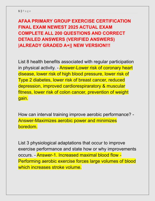 AFAA PRIMARY GROUP EXERCISE CERTIFICATION FINAL EXAM NEWEST 2025 ACTUAL EXAM COMPLETE ALL 200 QUESTIONS AND CORRECT DETAILED ANSWERS