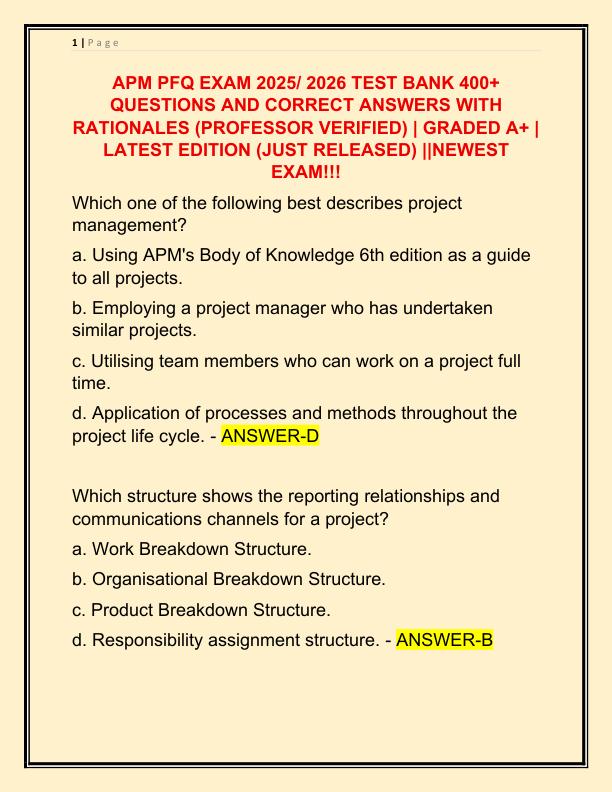 APM PFQ EXAM 2025 TEST BANK 400