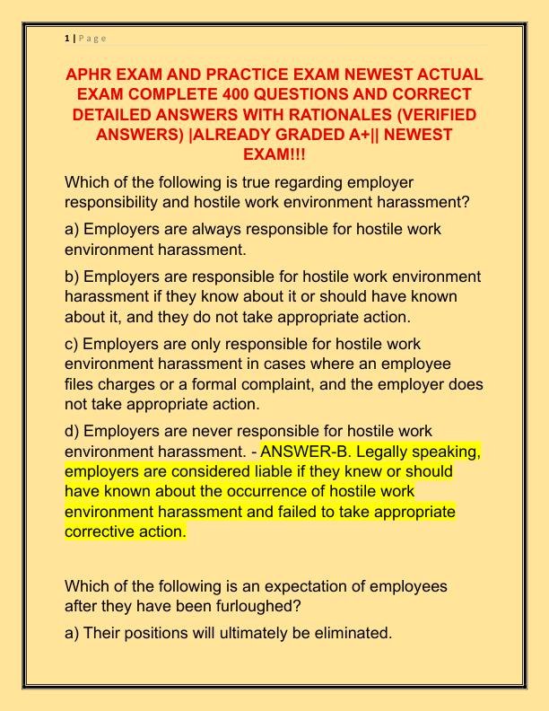 APHR EXAM AND PRACTICE EXAM NEWEST ACTUAL EXAM COMPLETE 400 QUESTIONS AND CORRECT DETAILED ANSWERS