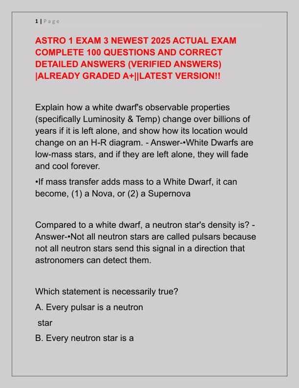 ASTRO 1 EXAM 3 NEWEST 2025 ACTUAL EXAM COMPLETE 100 QUESTIONS AND CORRECT DETAILED ANSWERS - Copy