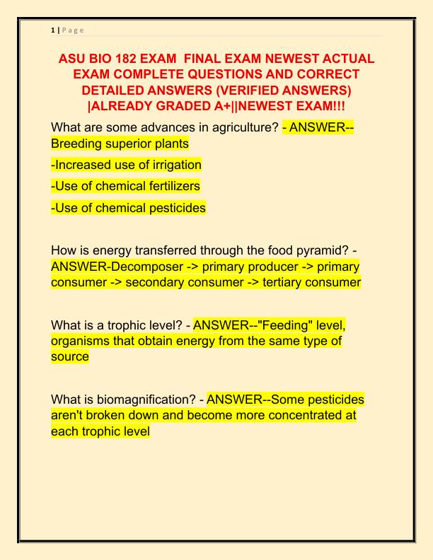ASU BIO 182 EXAM  FINAL EXAM NEWEST ACTUAL EXAM COMPLETE QUESTIONS AND CORRECT DETAILED ANSWERS