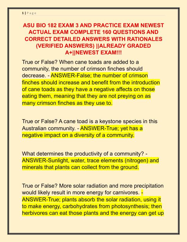ASU BIO 182 EXAM 3 AND PRACTICE EXAM NEWEST ACTUAL EXAM COMPLETE 160 QUESTIONS AND CORRECT DETAILED ANSWERS