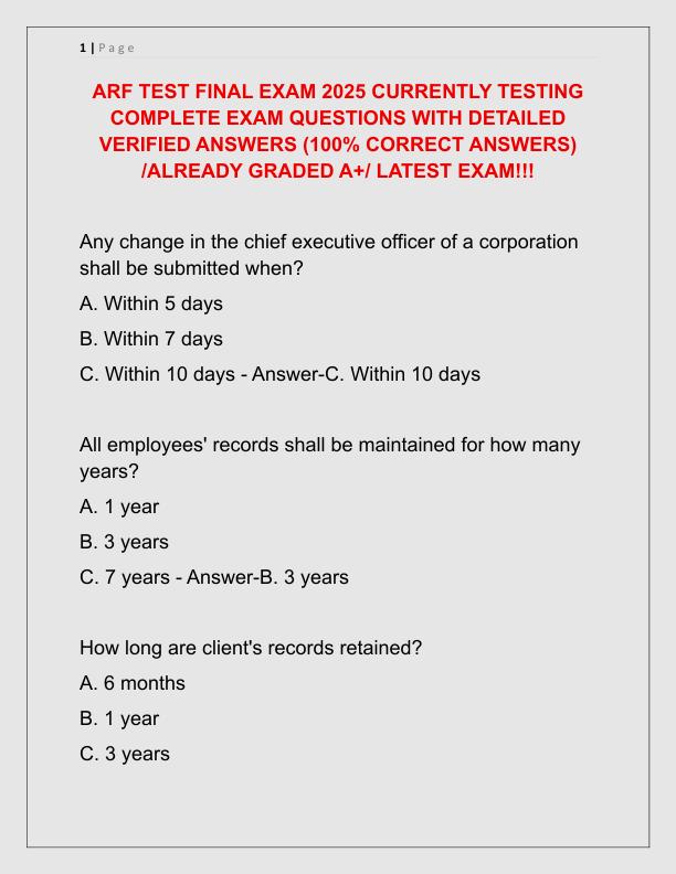 ARF TEST FINAL EXAM 2025 CURRENTLY TESTING COMPLETE EXAM QUESTIONS WITH DETAILED VERIFIED ANSWERS