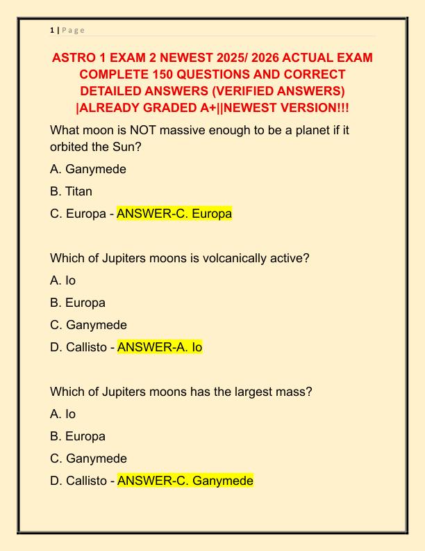 ASTRO 1 EXAM 2 NEWEST 2025 ACTUAL EXAM COMPLETE 150 QUESTIONS AND CORRECT DETAILED ANSWERS