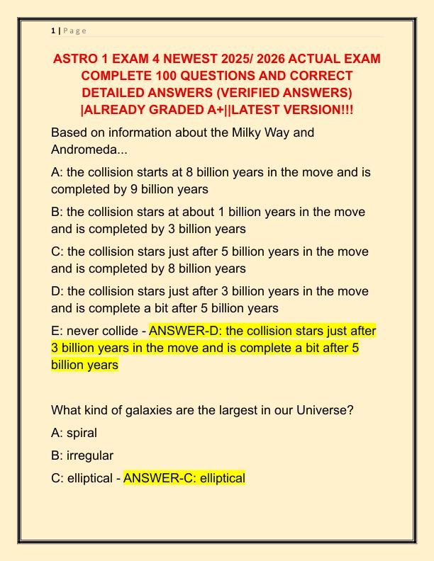 ASTRO 1 EXAM 4 NEWEST 2025 ACTUAL EXAM COMPLETE 100 QUESTIONS AND CORRECT DETAILED ANSWERS