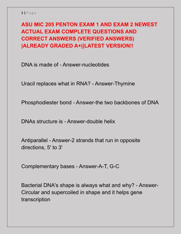 ASU MIC 205 PENTON EXAM 1 AND EXAM 2 NEWEST ACTUAL EXAM COMPLETE QUESTIONS AND CORRECT ANSWERS