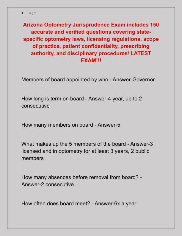 Arizona Optometry Jurisprudence Exam includes 150 accurate and verified questions covering state