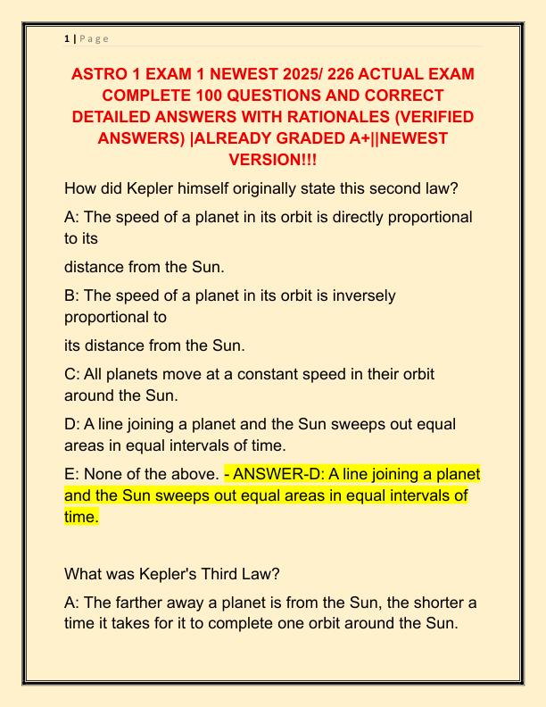 ASTRO 1 EXAM 1 NEWEST 2025 ACTUAL EXAM COMPLETE 100 QUESTIONS AND CORRECT DETAILED ANSWERS