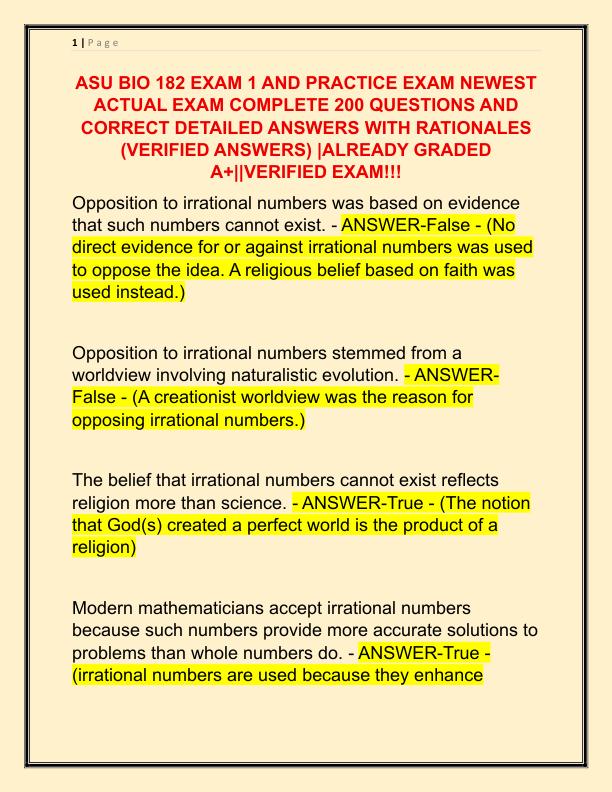ASU BIO 182 EXAM 1 AND PRACTICE EXAM NEWEST ACTUAL EXAM COMPLETE 200 QUESTIONS AND CORRECT DETAILED ANSWERS