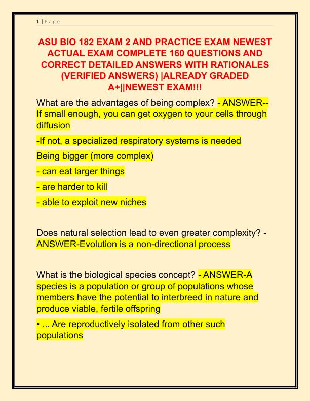ASU BIO 182 EXAM 2 AND PRACTICE EXAM NEWEST ACTUAL EXAM COMPLETE 160 QUESTIONS AND CORRECT DETAILED ANSWERS
