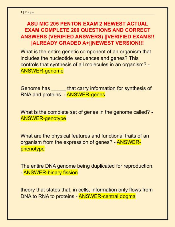 ASU MIC 205 PENTON EXAM 2 NEWEST ACTUAL EXAM COMPLETE 200 QUESTIONS AND CORRECT ANSWERS