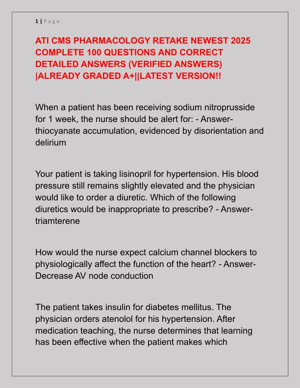 ATI CMS PHARMACOLOGY RETAKE NEWEST 2025 COMPLETE 100 QUESTIONS AND CORRECT DETAILED ANSWERS