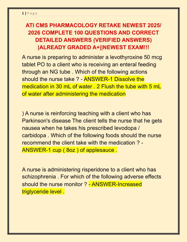 ATI CMS PHARMACOLOGY RETAKE NEWEST 2024 COMPLETE 100 QUESTIONS AND CORRECT DETAILED ANSWERS