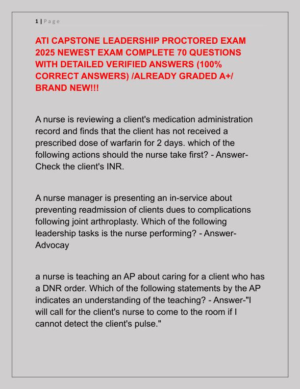 ATI CAPSTONE LEADERSHIP PROCTORED EXAM 2025 NEWEST EXAM COMPLETE 70 QUESTIONS WITH DETAILED VERIFIED ANSWERS