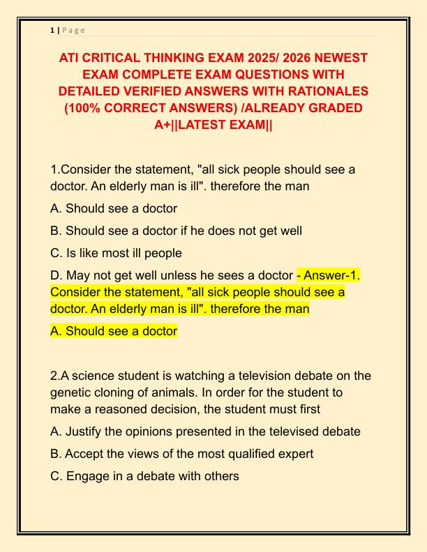 ATI CRITICAL THINKING EXAM 2025