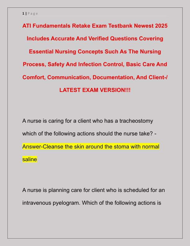 ATI Fundamentals Retake Exam Testbank Newest 2025 Includes Accurate And Verified Questions Covering Essential Nursing Concepts Such As The Nursing Process