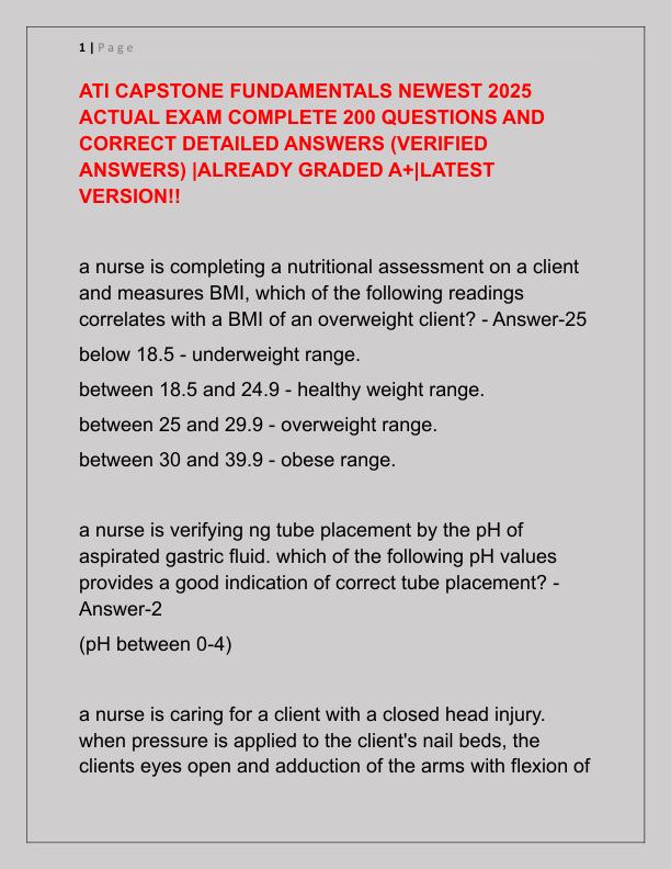 ATI CAPSTONE FUNDAMENTALS NEWEST 2025 ACTUAL EXAM COMPLETE 200 QUESTIONS AND CORRECT DETAILED ANSWERS