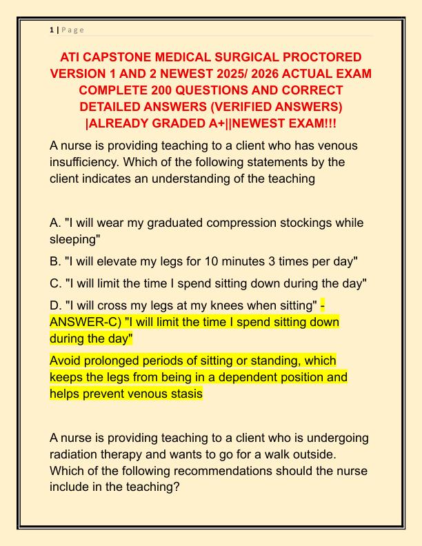 ATI CAPSTONE MEDICAL SURGICAL PROCTORED VERSION 1 AND 2 NEWEST 2025 ACTUAL EXAM COMPLETE 200 QUESTIONS AND CORRECT DETAILED ANSWERS