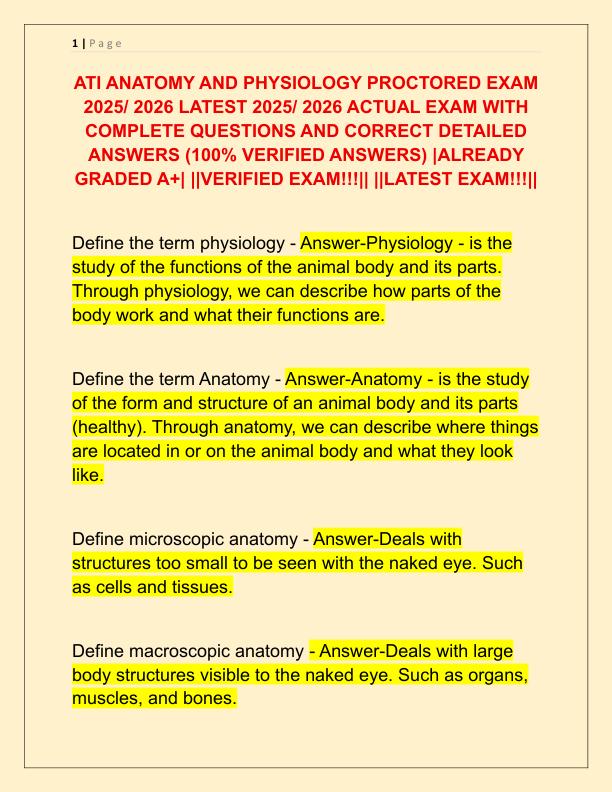 ATI ANATOMY AND PHYSIOLOGY PROCTORED EXAM 2025