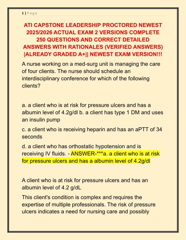 ATI CAPSTONE LEADERSHIP PROCTORED NEWEST 2024 ACTUAL EXAM 2 VERSIONS COMPLETE 250 QUESTIONS AND CORRECT DETAILED ANSWERS