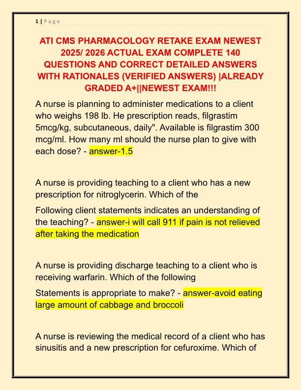 ATI CMS PHARMACOLOGY RETAKE EXAM NEWEST 2025 ACTUAL EXAM COMPLETE 140 QUESTIONS AND CORRECT DETAILED ANSWERS