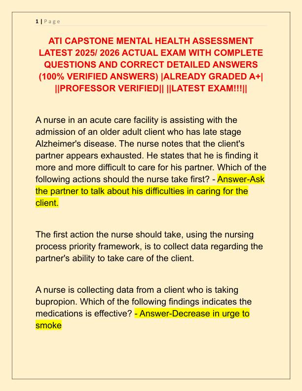 ATI CAPSTONE MENTAL HEALTH ASSESSMENT LATEST 2025