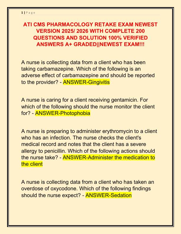 ATI CMS PHARMACOLOGY RETAKE EXAM NEWEST VERSION 2025 WITH COMPLETE 200 QUESTIONS AND SOLUTION 100