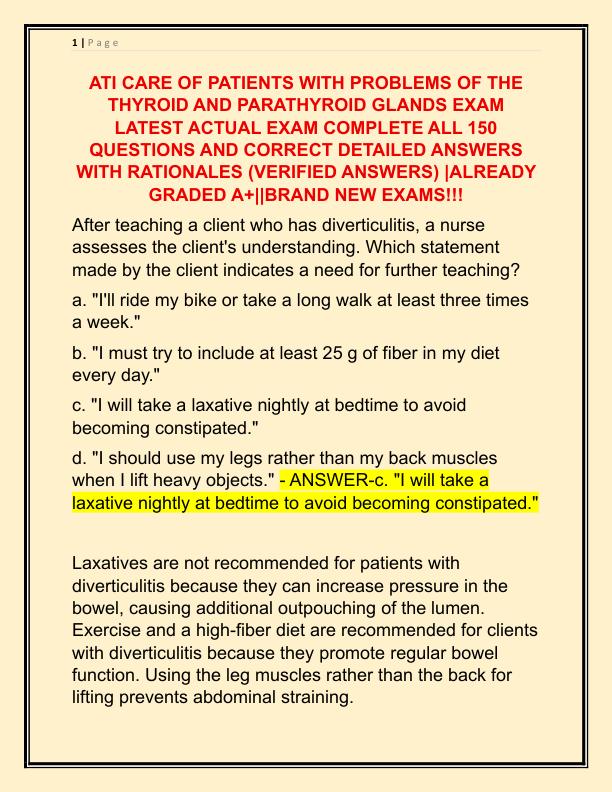 ATI CARE OF PATIENTS WITH PROBLEMS OF THE THYROID AND PARATHYROID GLANDS EXAM NEWEST ACTUAL EXAM COMPLETE ALL 150 QUESTIONS AND CORRECT DETAILED ANSWERS WITH RATIONALES