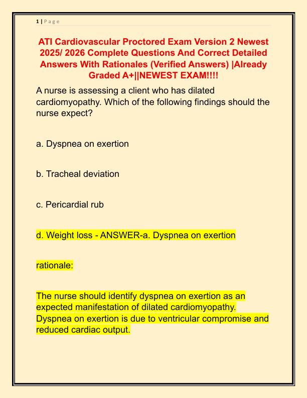ATI Cardiovascular Proctored Exam Version 2 Newest 2025 Complete Questions And Correct Detailed Answers