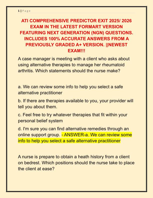 ATI COMPREHENSIVE PREDICTOR EXIT 2025 EXAM IN THE LATEST FORMART VERSION FEATURING NEXT GENERATION