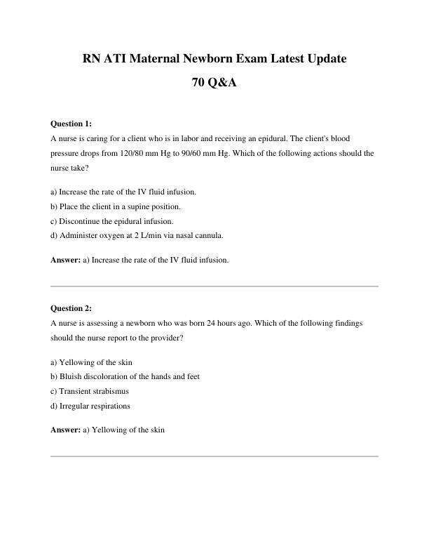 RN ATI Maternal Newborn Exam Latest Update