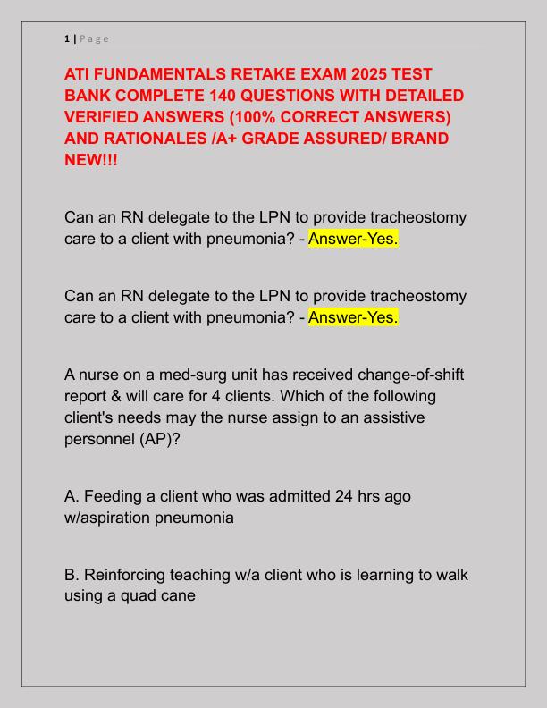 ATI FUNDAMENTALS RETAKE EXAM 2025 TEST BANK COMPLETE 140 QUESTIONS WITH DETAILED VERIFIED ANSWERS