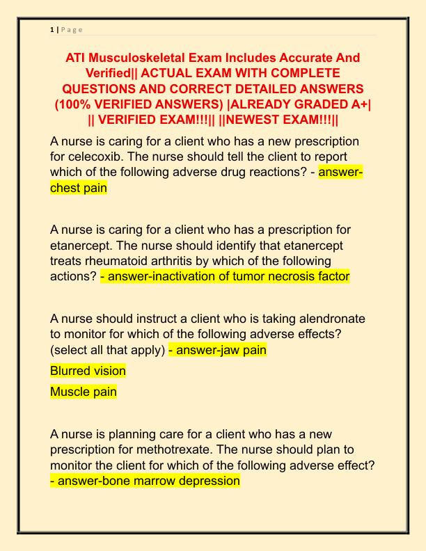 ATI Musculoskeletal Exam Includes Accurate And Verified