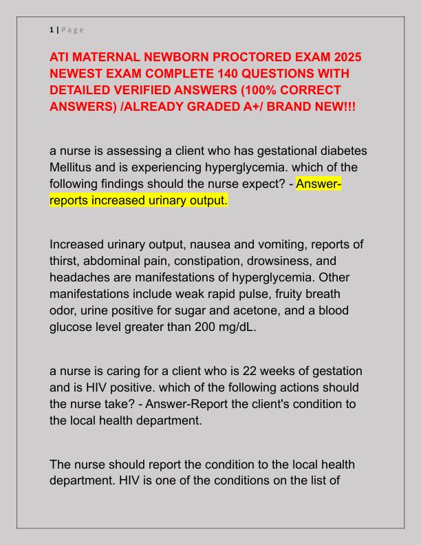 ATI MATERNAL NEWBORN PROCTORED EXAM 2025 NEWEST EXAM COMPLETE 140 QUESTIONS WITH DETAILED VERIFIED ANSWERS