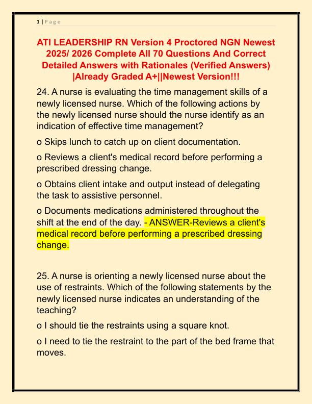 ATI LEADERSHIP RN Version 4 Proctored NGN Newest 2025 Complete All 70 Questions And Correct Detailed Answers