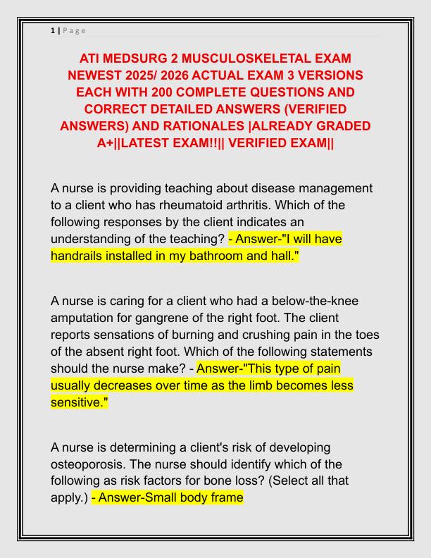 ATI MEDSURG 2 MUSCULOSKELETAL EXAM NEWEST 2025