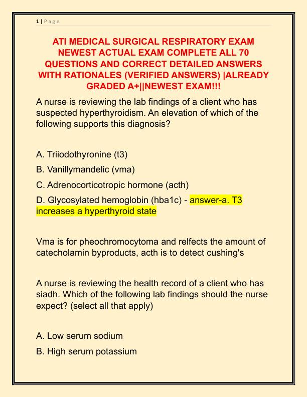 ATI MEDICAL SURGICAL RESPIRATORY EXAM NEWEST ACTUAL EXAM COMPLETE ALL 70 QUESTIONS AND CORRECT DETAILED ANSWERS WITH RATIONALES