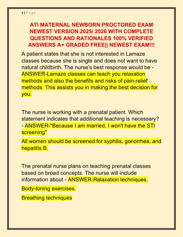 ATI MATERNAL NEWBORN PROCTORED EXAM NEWEST VERSION 2025 WITH COMPLETE QUESTIONS AND SOLUTION 100